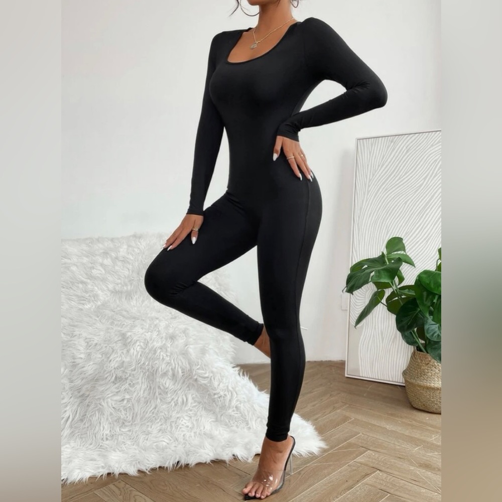 Shein Petite Solid Scoop Neck Unitard Jumpsuit